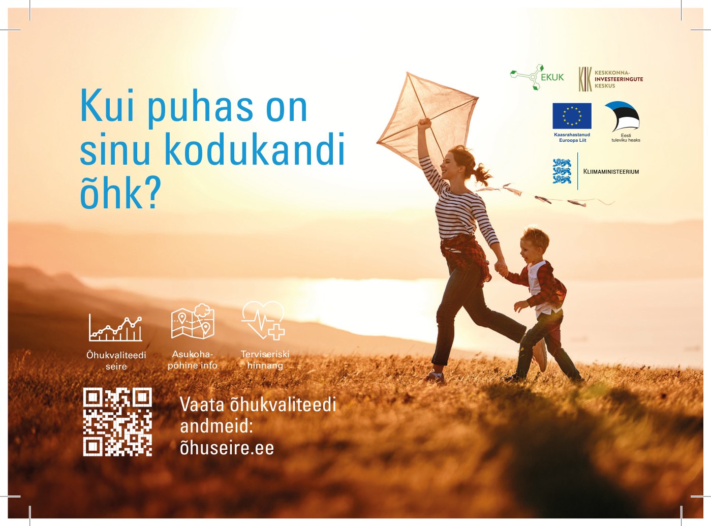 Projekti kampaaniapostkaart päikeseloojangus lohet lennutavast emast ja lapsest, pealkirjaga „Kui puhas on sinu kodukandi õhk?“